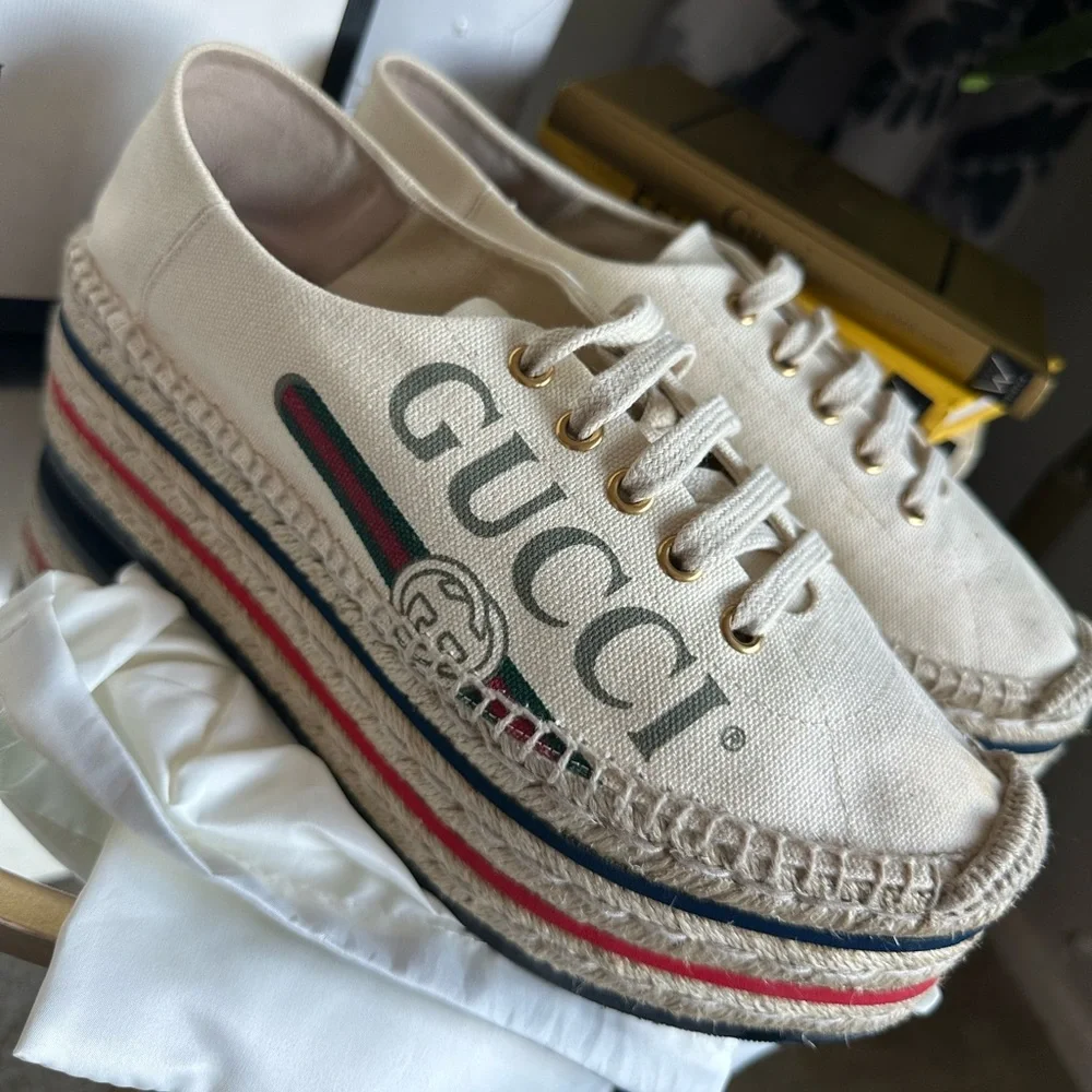Gucci Lillibeth Lace Up Platform Espadrilles Canvas Shoes - Picture 4 of 10